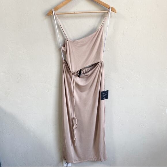 NWT Lulus Hot Take Taupe Asymmetrical Cutout Midi Dress - Picture 4 of 10